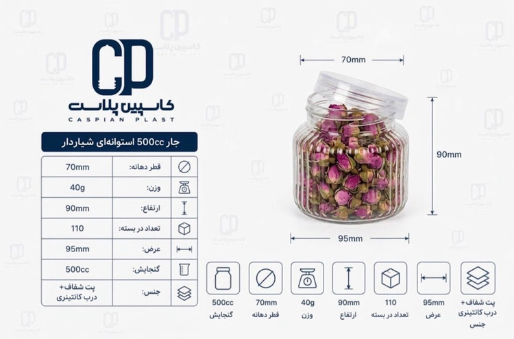 جار ۵۰۰ سیسی شیاردار دهانه ۷۰ با درب شفاف